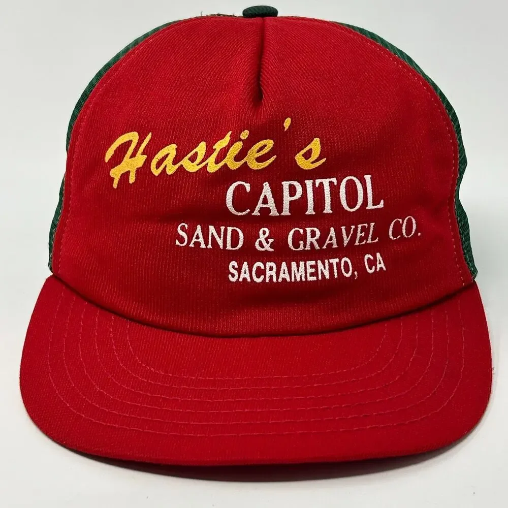 Vintage 80s Hasties Capitol Sand Gravel Trucker Hat Baseball Cap Sacramento Red